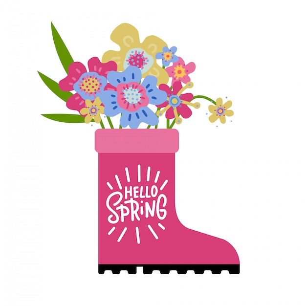 Carte De Voeux De Saison De Printemps, Botte En Caoutchouc Rose Avec Des Fleurs De Griffonnage.