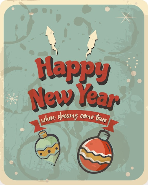 Vecteur carte de voeux de style vintage happy new year les effets grunge modifiables peuvent être facilement supprimés pour un tout nouveau signe propre