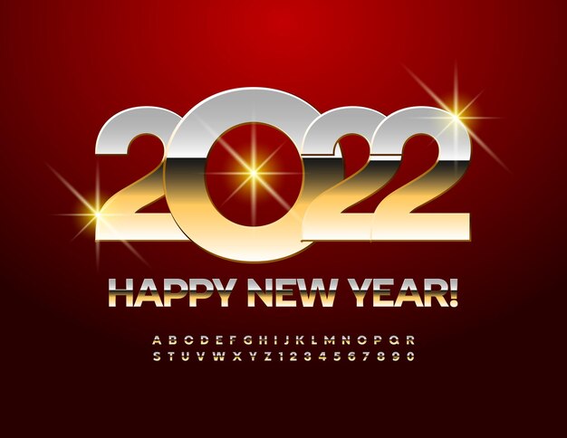 Carte De Voeux De Vecteur Happy New Year 2022 Metallic Gold Font Chic Alphabet Letters And Numbers Set