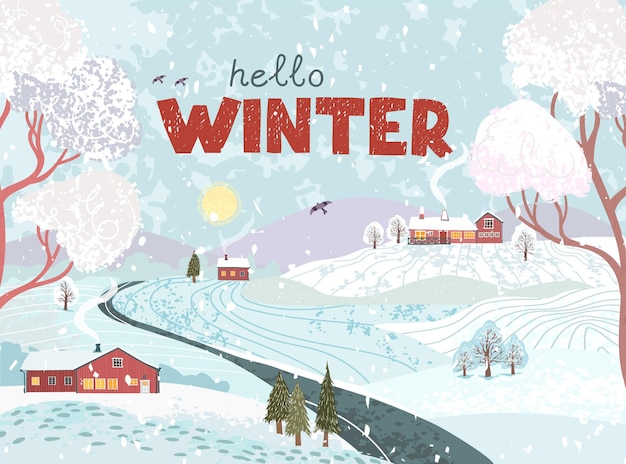 Vecteur carte de voeux de vecteur avec illustration colorée du paysage d'hiver nature avec une maison dans le style scandinave. utilisez-le comme affiche, carte postale, brochure, carte, bannière, conception graphique