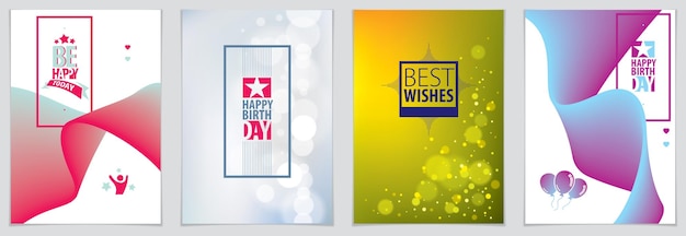 Carte de voeux de vecteur joyeux et lumineux d'anniversaire. Comprend une composition de lettrage et des ballons combinés avec une collection d'arrière-plans abstraits de forme colorée fluide ondulée. Format A4 avec couleurs CMJN acceptées