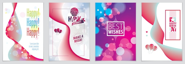 Carte de vœux vectorielle d'anniversaire joyeuse et lumineuse. Comprend une composition de lettres et des ballons combinés avec une collection d'arrières-plans abstraits de forme fluide colorée ondulée. Format A4 avec couleurs CMYK accepté
