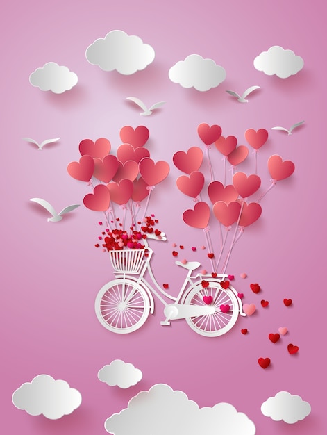 Carte De Voeux Avec Vélo Et Ballons à Air En Forme De Coeur.