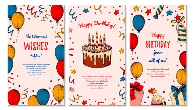 Vecteur carte de voeux verticale d'anniversaire affiche avec des éléments dessinés à la main