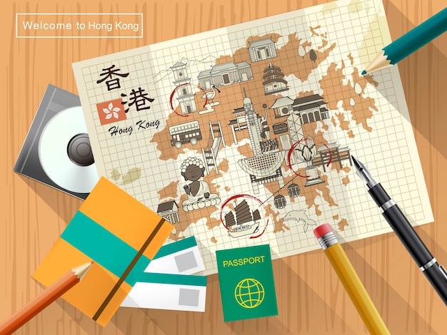 Carte De Voyage Créative De Hong Kong Sur Papier à Lettres - Le Titre En Haut à Gauche Est Voyage à Hong Kong En Chinois