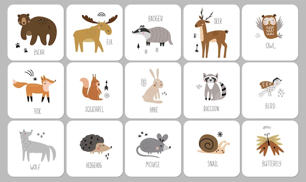 Vecteur cartes d'animaux pour les enfants cartes préscolaires éducatives pour apprendre les animaux apprendre le nom des animaux pour les enfants