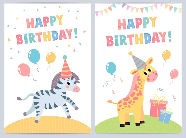 Cartes D'anniversaire Mignonnes Pour Les Enfants Avec Des Animaux Drôles. Illustration Vectorielle