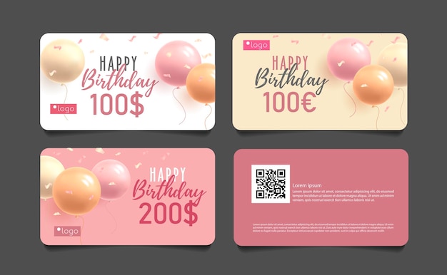 Cartes-cadeaux De Voeux Joyeux Anniversaire Sertie De Ballons Ronds 3d Et Prix Monétaire Rose Fille