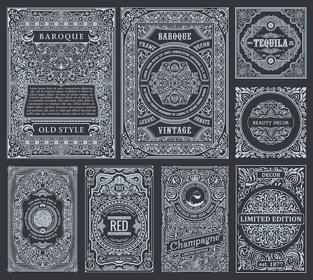 Cartes Calligraphiques Linéaires Vintage Cadres Noir Et Blanc