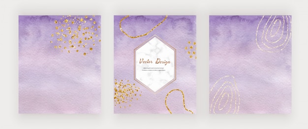 Cartes De Coup De Pinceau Aquarelle Violet Avec Des Confettis De Paillettes D'or Et Un Cadre Hexagonal En Marbre.