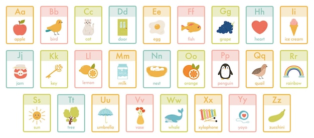 Cartes D'enfants Alphabet. Apprentissage Abc De La Maternelle, Ensemble D'illustrations Vectorielles Pour Enfants, Animaux, Fruits Et Jouets. Alphabet Mignon Pour Les Enfants. Carte D'alphabet Pour L'école, Lettres Anglaises Pour Les Enfants D'âge Préscolaire