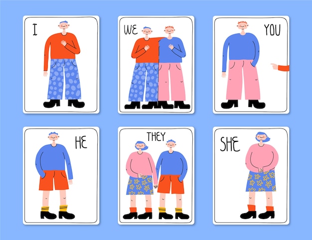 Cartes flash de pronoms sujets dessinés à la main