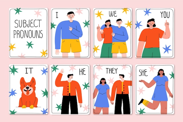 Cartes flash de pronoms sujets dessinés à la main