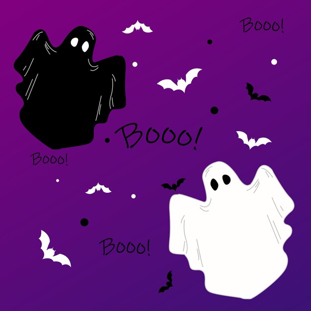 Cartes d'Halloween avec des fantômes et des chauves-souris dessinés à la main. Huer. Illustrateur de vecteur