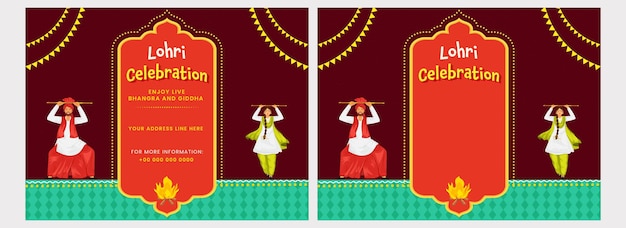 Cartes D'invitation à La Célébration De Lohri Ou Conception D'affiches Avec Un Couple Punjabi Faisant De La Danse Folklorique Et Un Feu De Joie Dans Deux Options.