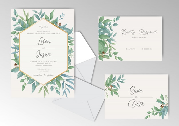 Cartes D'invitation De Mariage Floral élégant Avec De Belles Feuilles