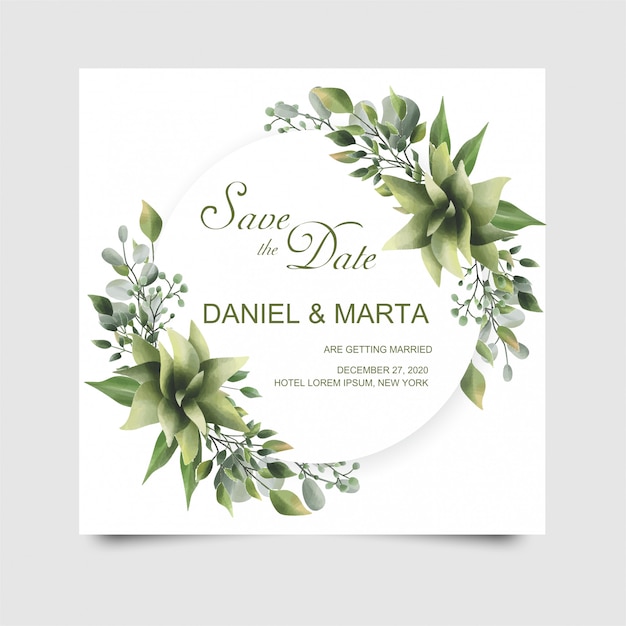 Vecteur cartes d'invitation de mariage de style aquarelle feuille verte