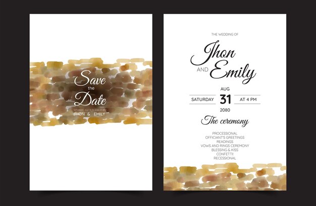 Vecteur cartes d'invitation de mariage textures aquarelles et fausses éclaboussures d'or pour une touche luxueuse