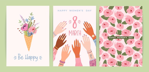 Cartes Avec De Jolies Illustrations Féminines Ensemble Vectoriel Pour Happy Womens Day 8 Mars Et Autres