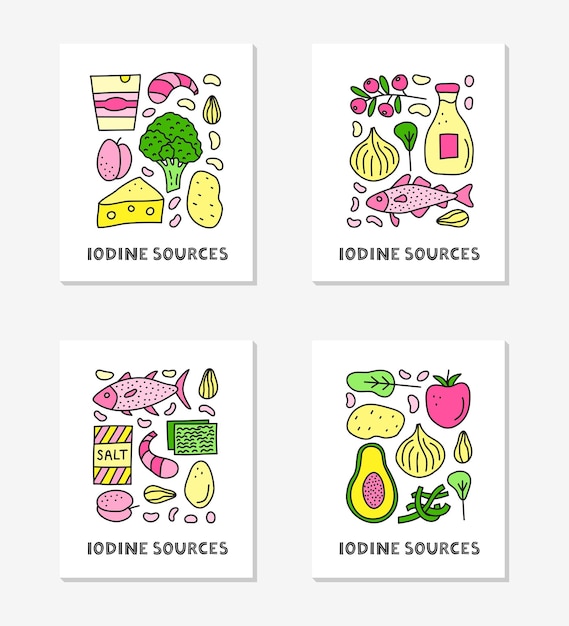 Cartes avec lettrage et sources alimentaires d'iode de couleur doodle