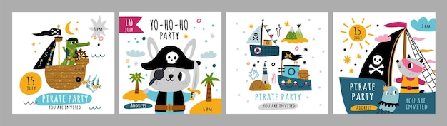 Cartes de pirates mignonnes Marins pour enfants avec éléments marins Personnages d'animaux heureux avec sabres Navires et flibustiers Îles tropicales avec palmiers et vagues