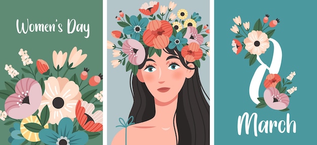 Cartes Postales Pour La Journée De La Femmefemme Avec Couronne De Fleursbouquet De Fleurs Numéro 8 Avec Fleurs