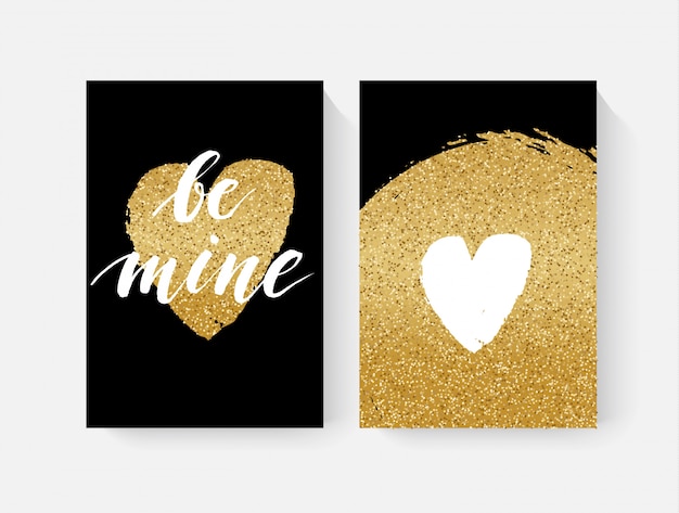 Cartes De Saint Valentin Avec Lettring à La Main Et Détails De Paillettes D'or