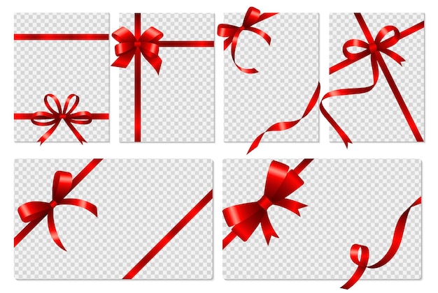 Vecteur cartes transparentes bannières avec des arcs rouges réalistes et ruban dépliants cadeaux vides isolés ou bons modèles vectoriels d'histoires de médias sociaux