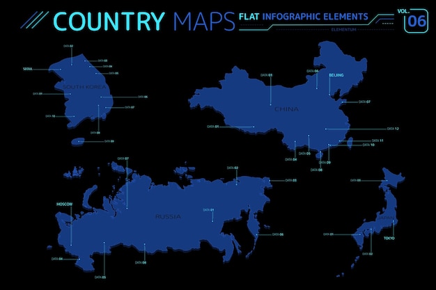 Cartes vectorielles de la corée du sud, de la chine, de la russie et du japon