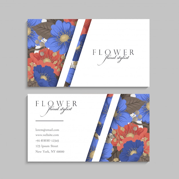 Vecteur cartes de visite fleur bleu et rouge