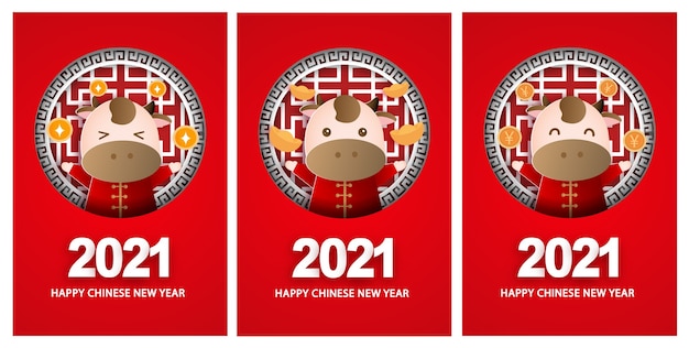 Cartes de voeux joyeux nouvel an chinois 2021, année du boeuf.