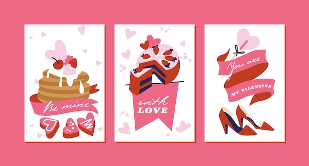 Cartes De Voeux De Modèle De Saint-valentin De Vecteur Avec Des Signes D'attributs Et Des Symboles D'amour Mignon Romantique