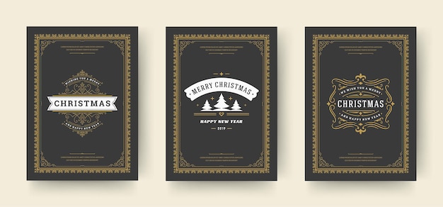 Les Cartes De Voeux De Noël Conçoivent Des Symboles De Décoration Ornés Avec Des Vacances D'hiver D'arbre Souhaite Vintage