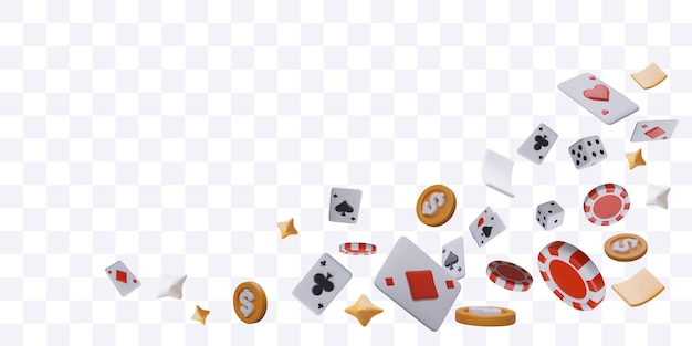 Des cartes volantes réalistes, des jetons rouges pour le poker et des cubes.