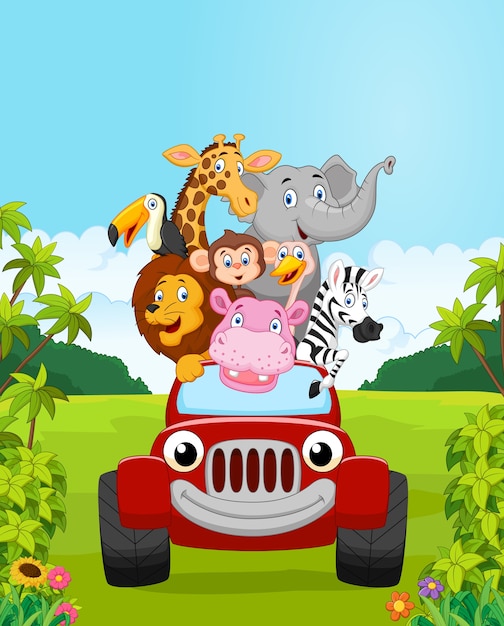 Cartoon Animal Collection Vacances Avec Voiture Rouge