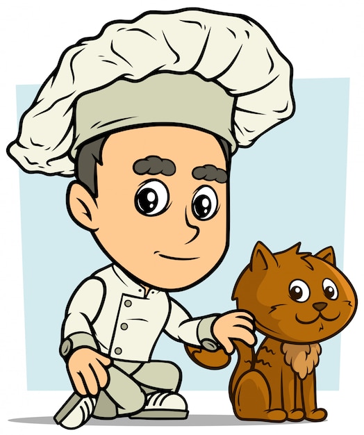 Cartoon chef cuisinier personnage garçon avec chat