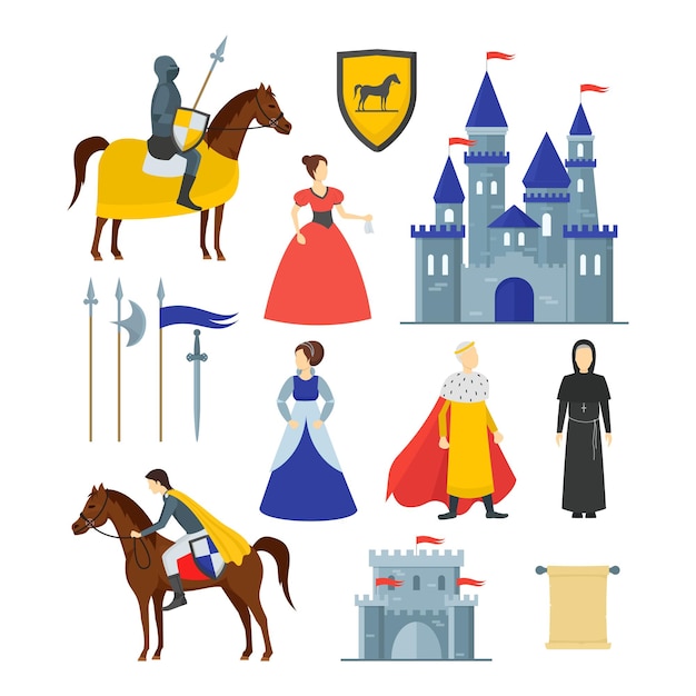 Cartoon Chevalier médiéval Signes Set d'icônes Inclure du bouclier Château Épée Roi Guerrier Drapeau Prince et Princesse Illustration vectorielle des icônes