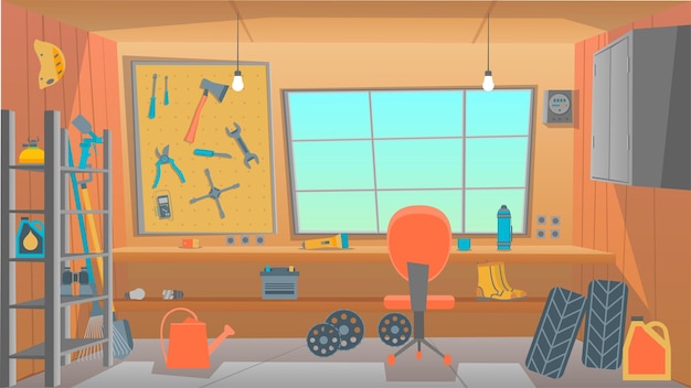 Cartoon Color Garage ou Atelier Intérieur À l'intérieur Vecteur de concept
