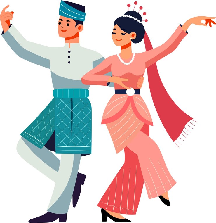 Vecteur cartoon d'un couple de danseurs traditionnels malais