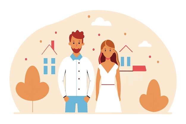 Vecteur cartoon couple standing happily with a backdrop of whimsical houses and trees