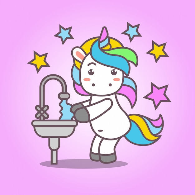 Vecteur cartoon_cute kawaii unicorn se laver les mains