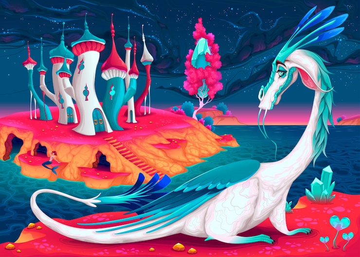 Vecteur cartoon dragon dans un monde fantastique vector illustration
