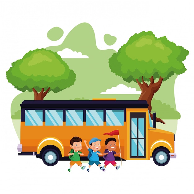 Cartoon Enfants Et Autobus Scolaire