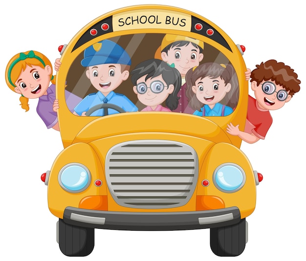 Vecteur cartoon enfants heureux dans un bus scolaire illustration vectorielle