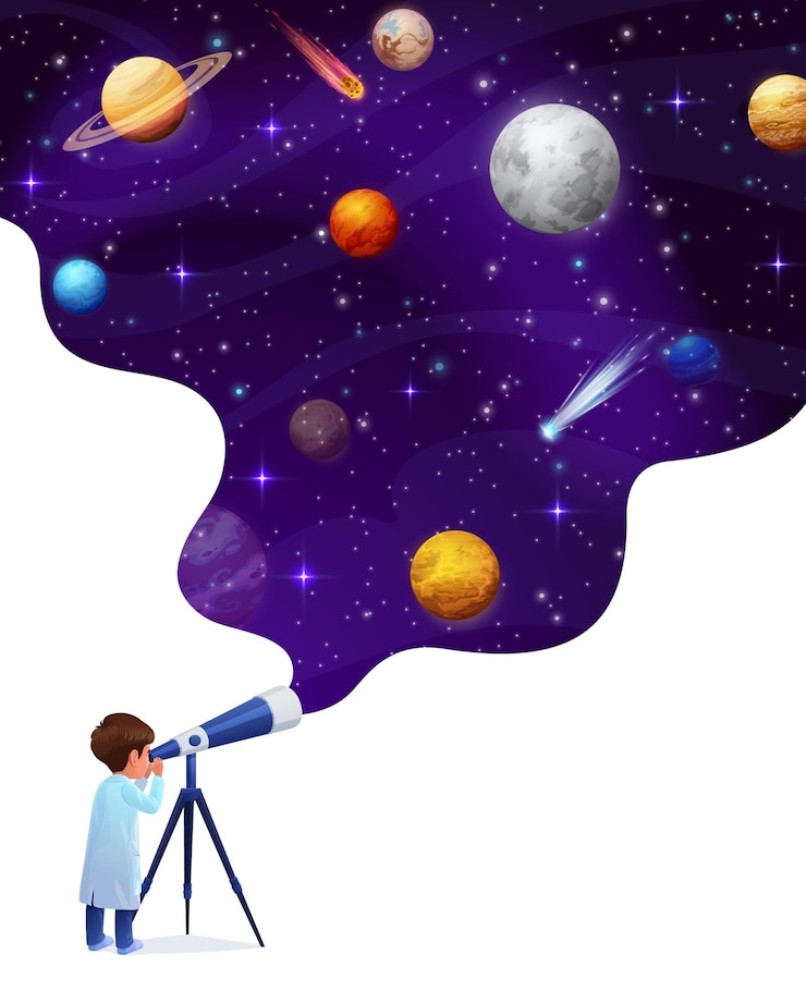Vecteur cartoon garçon regarder à travers le télescope à l'espace de la galaxie étoilée avec des planètes affiche vectorielle éducation planétaire à l'école astronomie science et exploration spatiale pour les enfants avec des étoiles galactiques dans le ciel