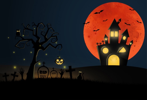 Vecteur cartoon halloween avec cimetière et maison