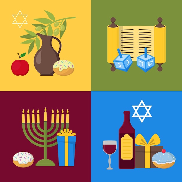 Cartoon Hanukkah Banner Card Set Fête juive Symbole de la culture traditionnelle Style Design plat. Illustration vectorielle