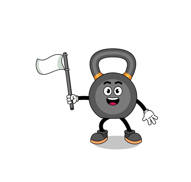 Vecteur cartoon illustration de kettlebell tenant un drapeau blanc