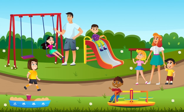 Cartoon Kids Play Swing Slide Sandbox Aire De Jeu