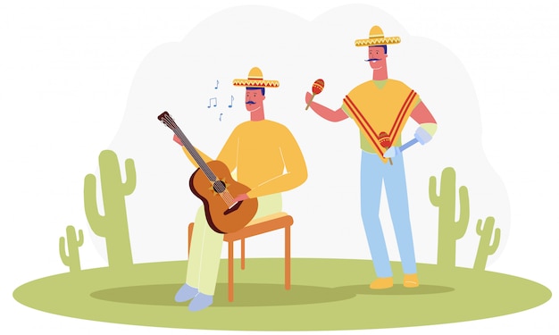 Cartoon Men Traditionnel Mexicain Costume Jouer De La Musique